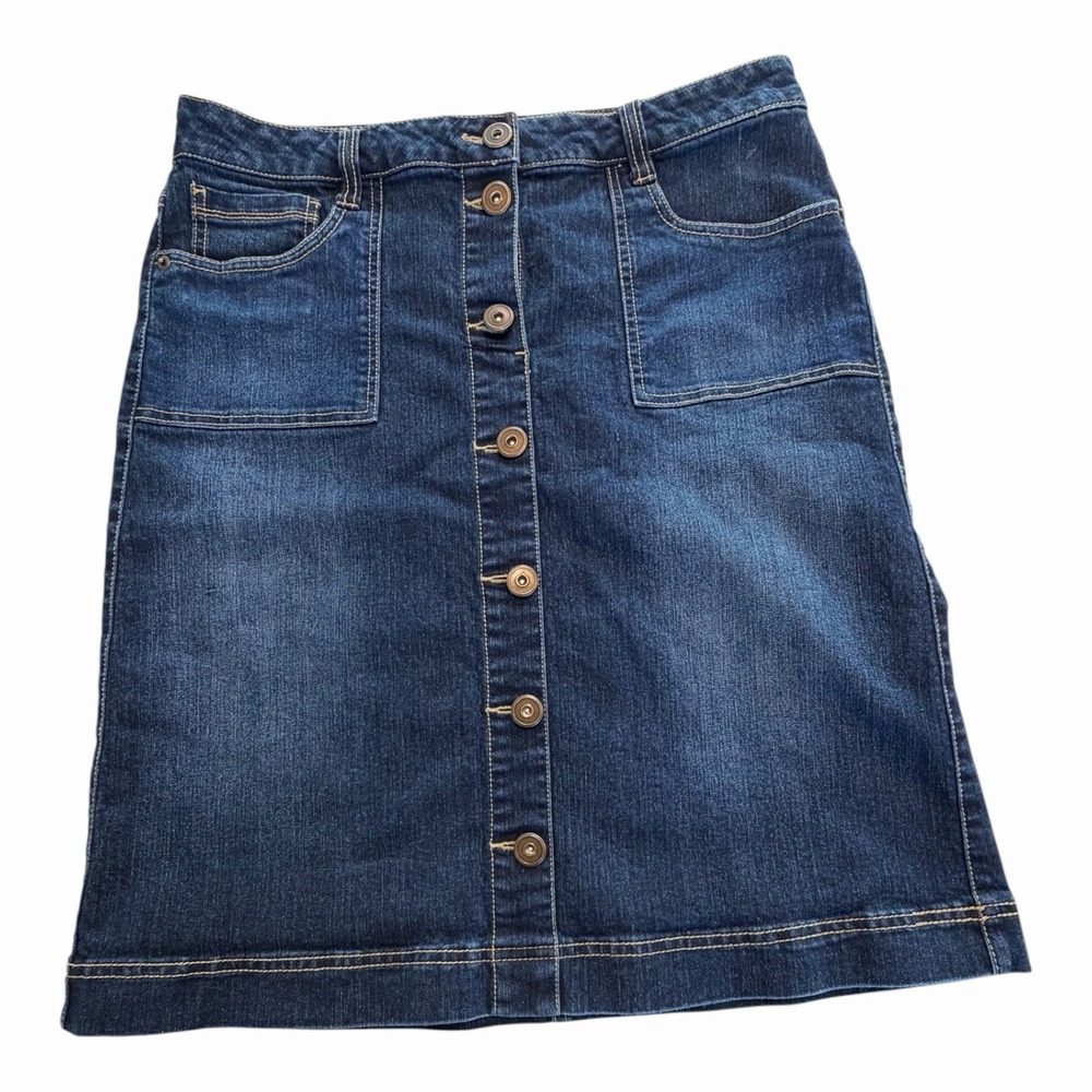 Button Front Denim Skirt Womens 10 Christiana Zinn Stretch A-Line Blue Pockets